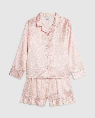 Rosa pyjamas i satin med leopardmönster för flickor