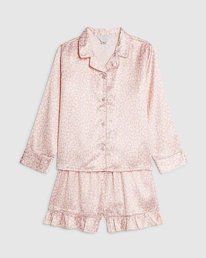 Rosa pyjamas i satin med leopardmönster för flickor