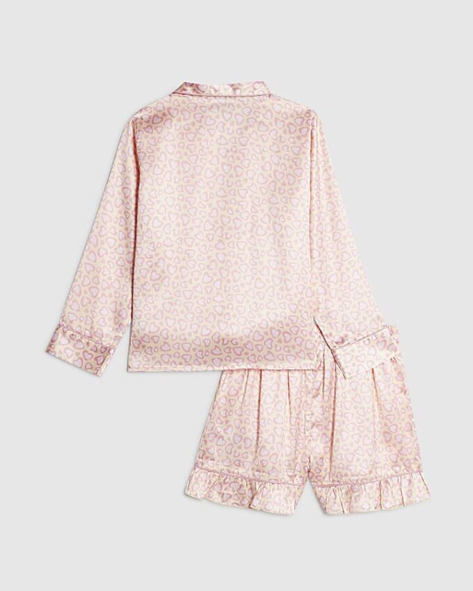 Rosa pyjamas i satin med leopardmönster för flickor