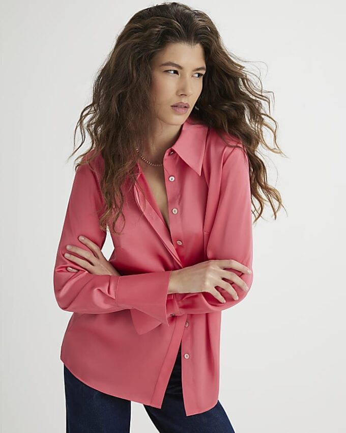 Rosa satinlångärmad slim fit-skjorta