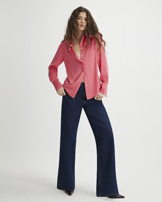 Rosa satinlångärmad slim fit-skjorta
