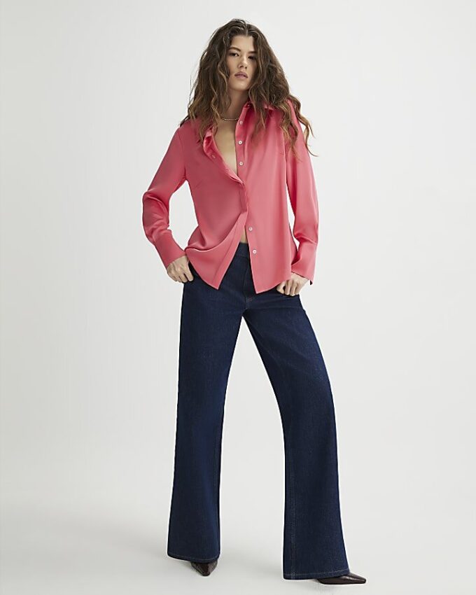 Rosa satinlångärmad slim fit-skjorta