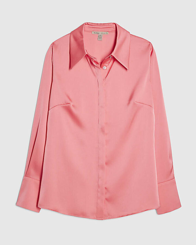 Rosa satinlångärmad slim fit-skjorta