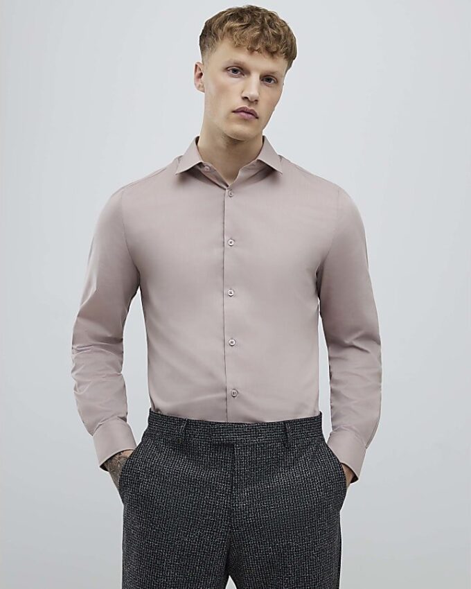 Rosa slim fit-skjorta med långa ärmar