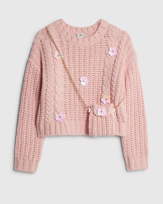 Rosa stickad blommig tröja med väska för flickor
