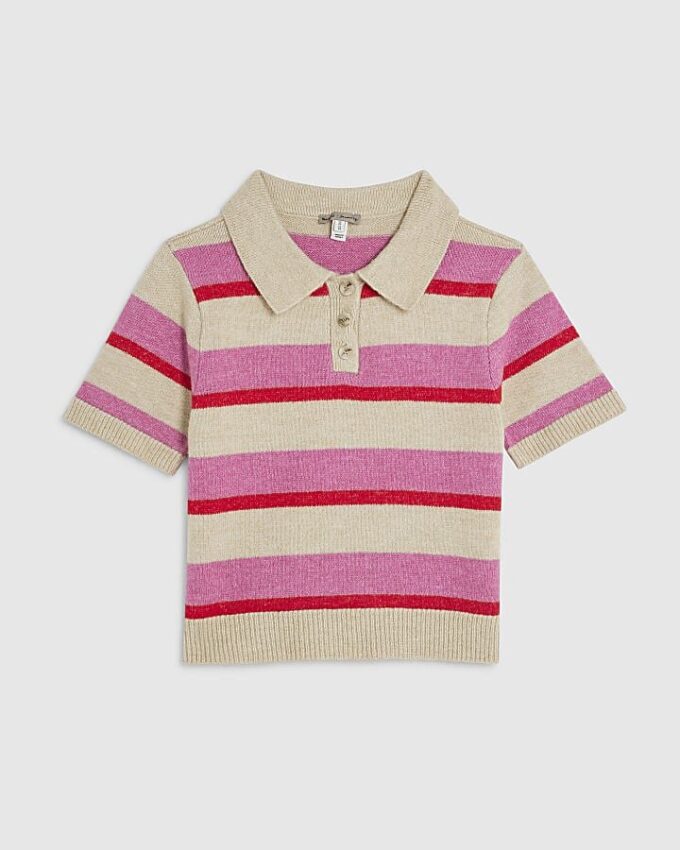 Rosa stickad randig kortärmad polotröja