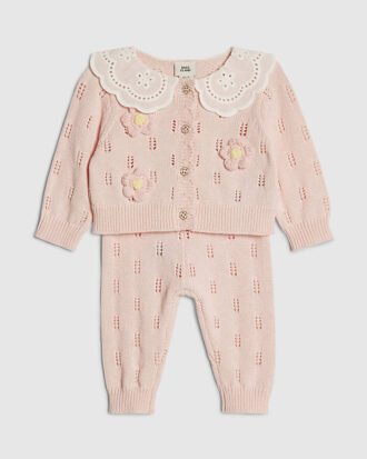 Rosa stickat set med broderade prästkragar för babyflickor