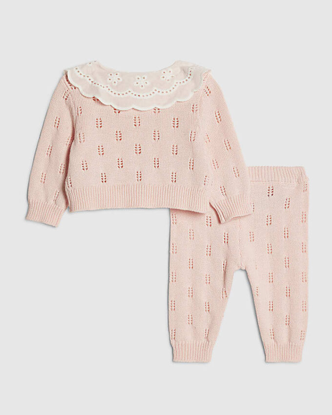 Rosa stickat set med broderade prästkragar för babyflickor