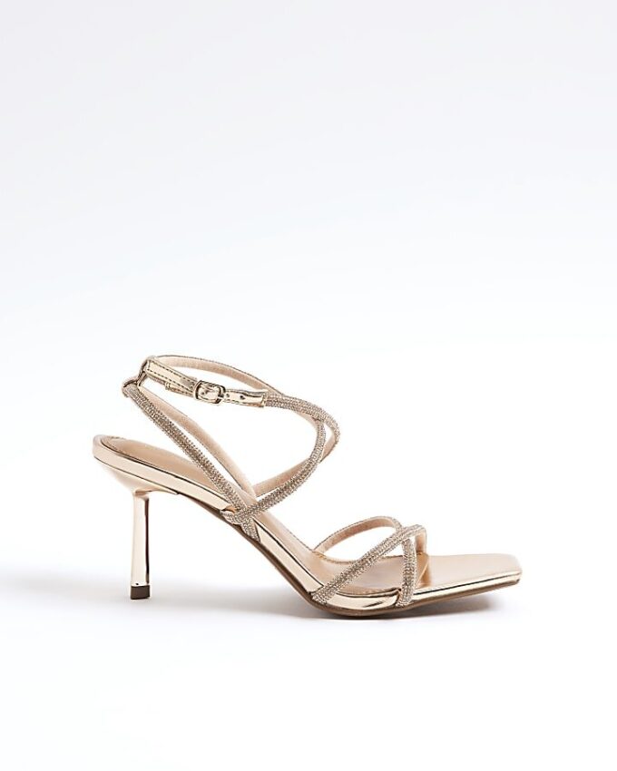 Roséguldiga sandaler med remmar och strass