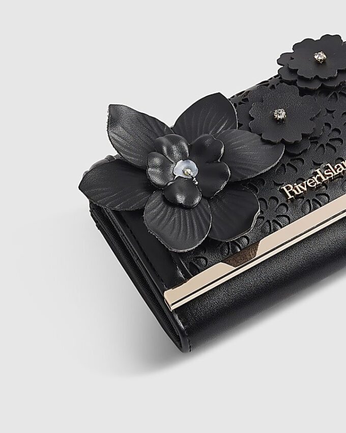 Svart 3D-blommig lasergraverad plånbok med klämfäste