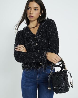 Svart 3D-blommig laserskuren bucket bag