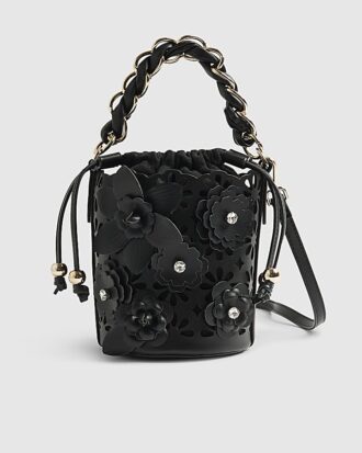 Svart 3D-blommig laserskuren bucket bag