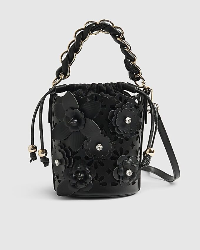 Svart 3D-blommig laserskuren bucket bag