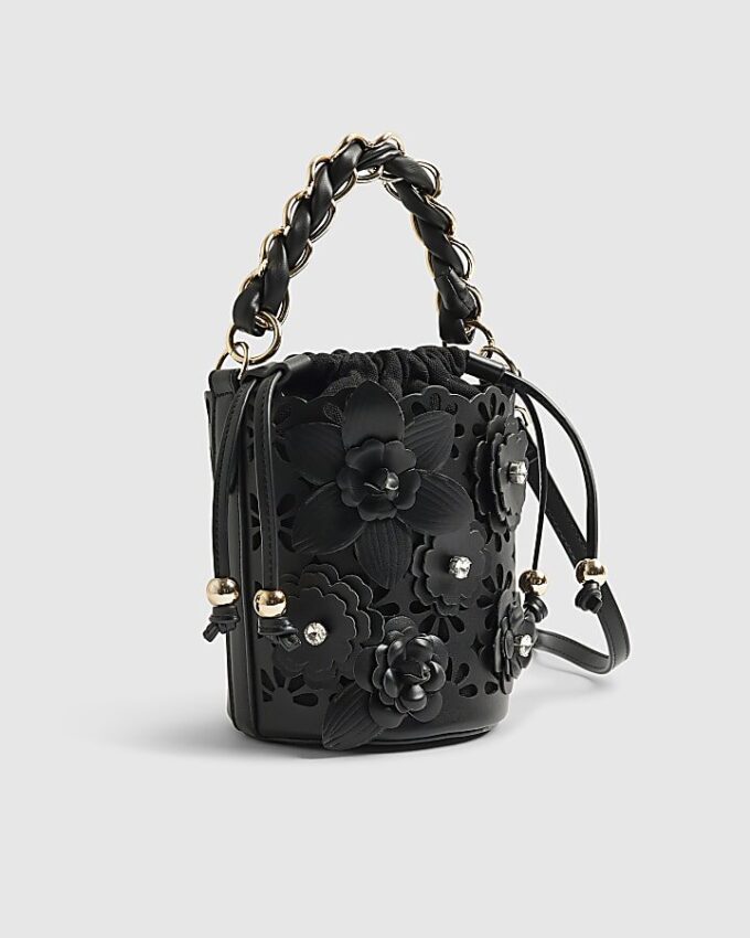 Svart 3D-blommig laserskuren bucket bag