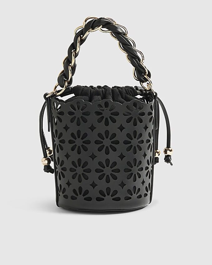 Svart 3D-blommig laserskuren bucket bag