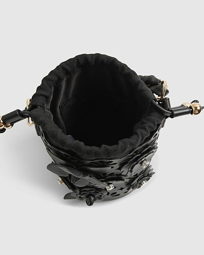 Svart 3D-blommig laserskuren bucket bag