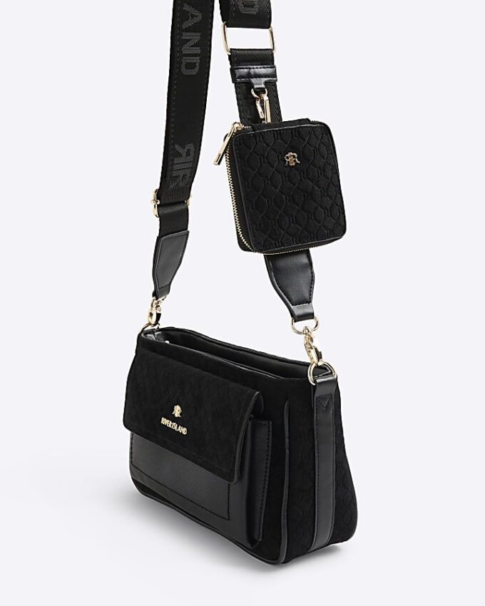 Svart crossbody-väska i imiterat mocka med monogram