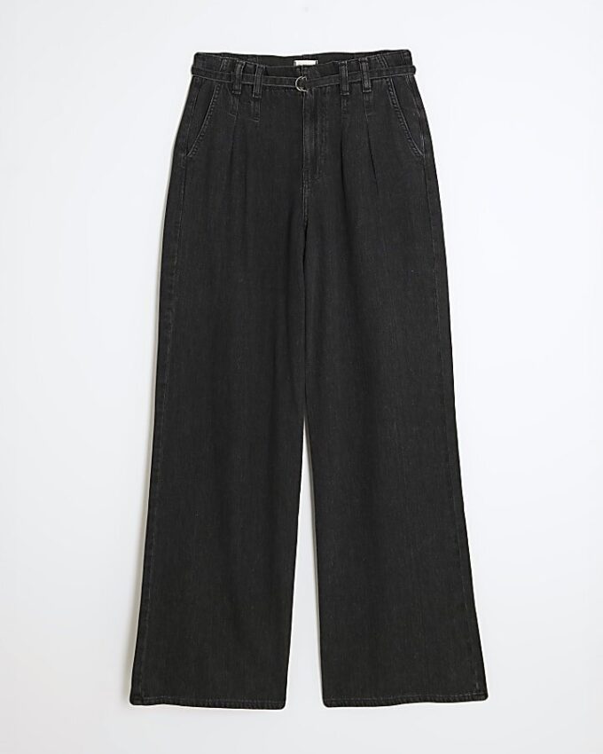 Svart jeans med hög midja, vida ben och knytning fram