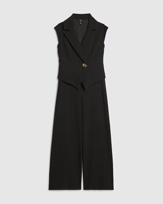 Petite svart jumpsuit med korta ärmar och vida ben
