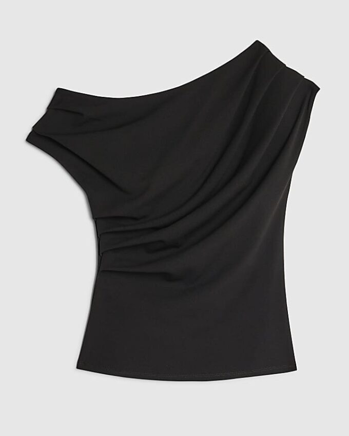 Svart kortärmad off shoulder-top med drapering