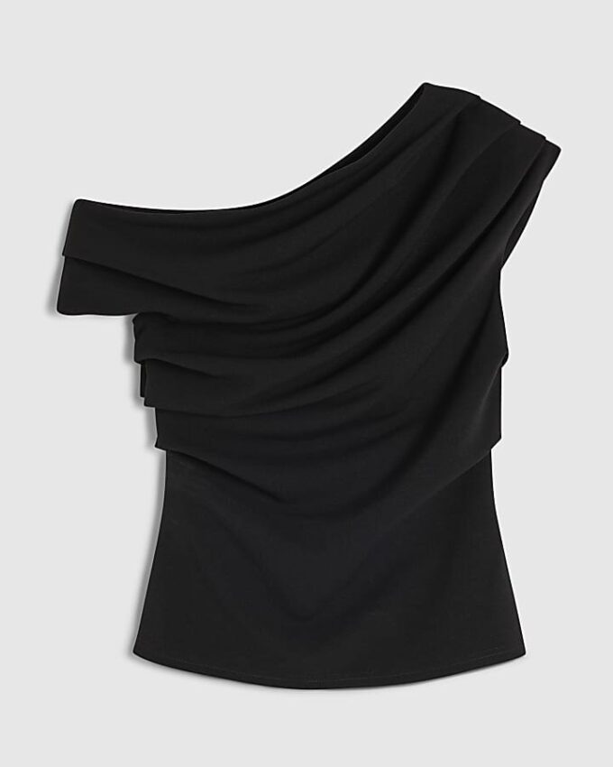 Svart kortärmad topp med draperad axel