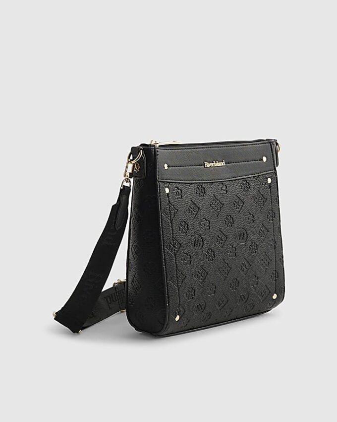 Svart monogrampräglad messenger-väska