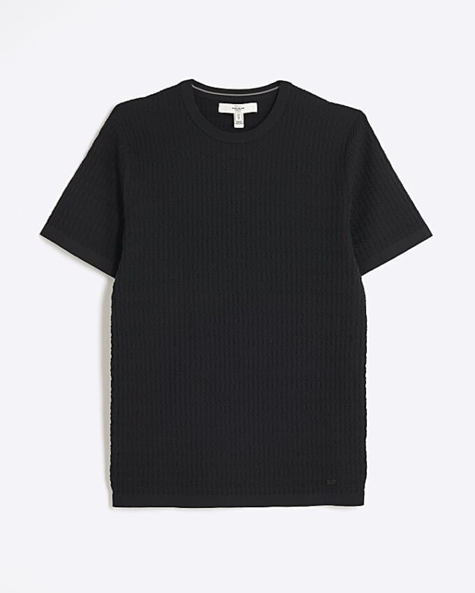 Svart muskelpassad texturerad T-shirt