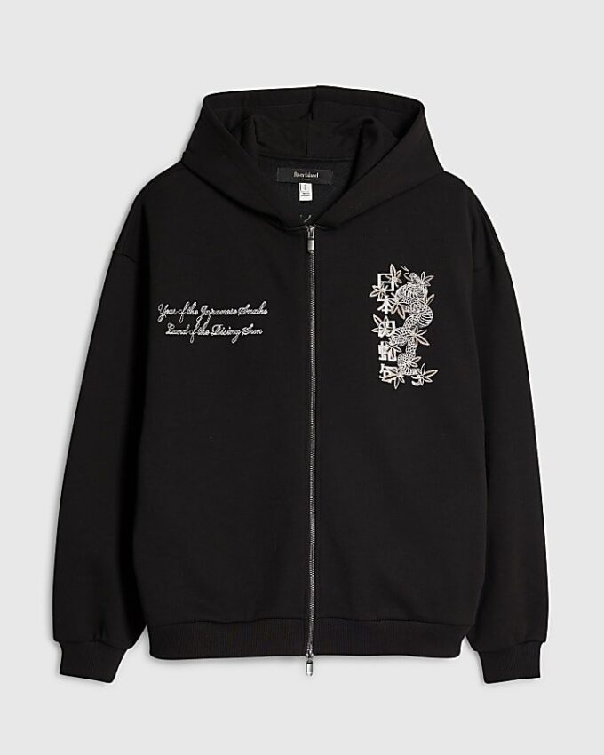Svart oversized hoodie med japansk ormbrodyr och dragkedja