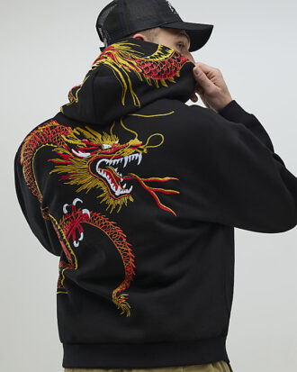 Svart oversized hoodie med Kagoshima Dragon-tryck