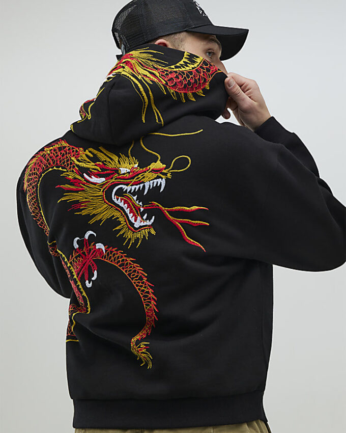 Svart oversized hoodie med Kagoshima Dragon-tryck