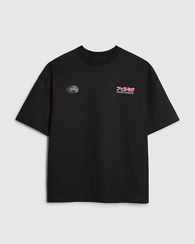 Svart oversized-passformad T-shirt med japansk bil