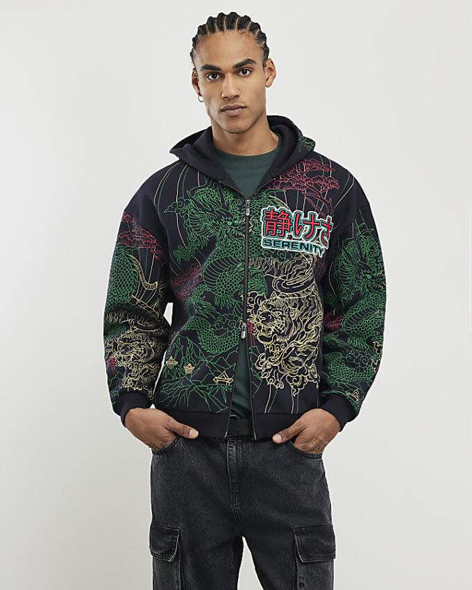Svart oversized Serenity Dragon-hoodie