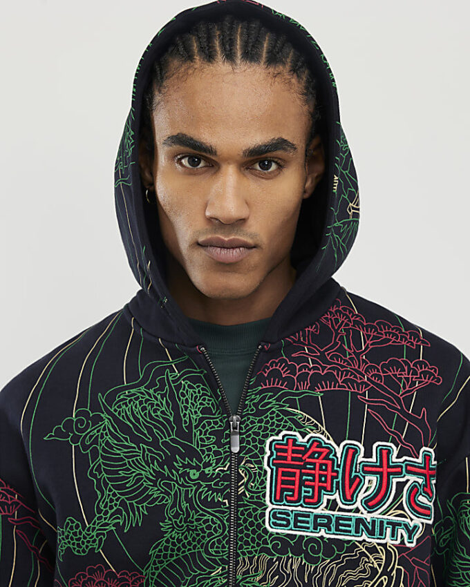 Svart oversized Serenity Dragon-hoodie