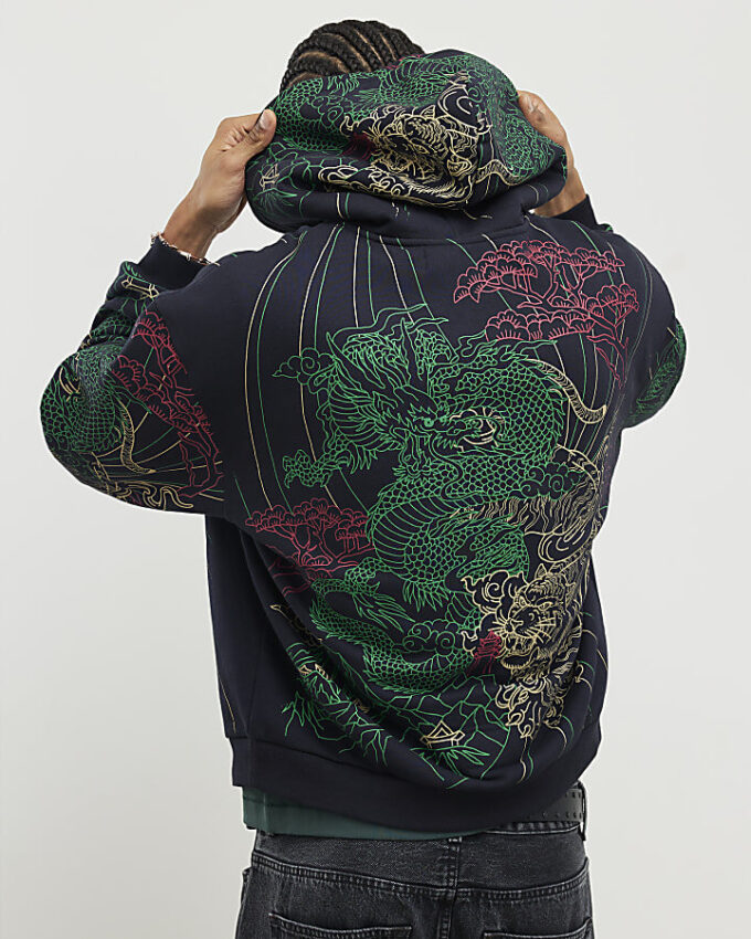 Svart oversized Serenity Dragon-hoodie