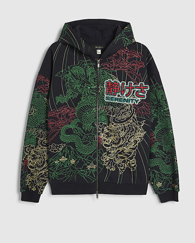 Svart oversized Serenity Dragon-hoodie