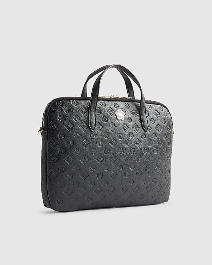 Svart präglad monogramtryckt laptopfodral
