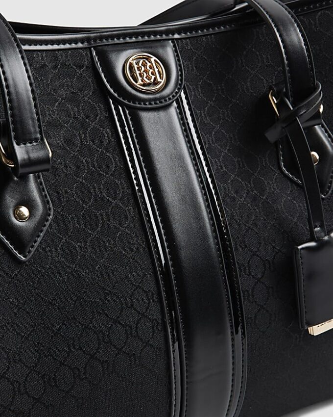 Svart randig monogram-shopperväska