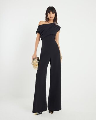 Svart ärmlös asymmetrisk draperad jumpsuit