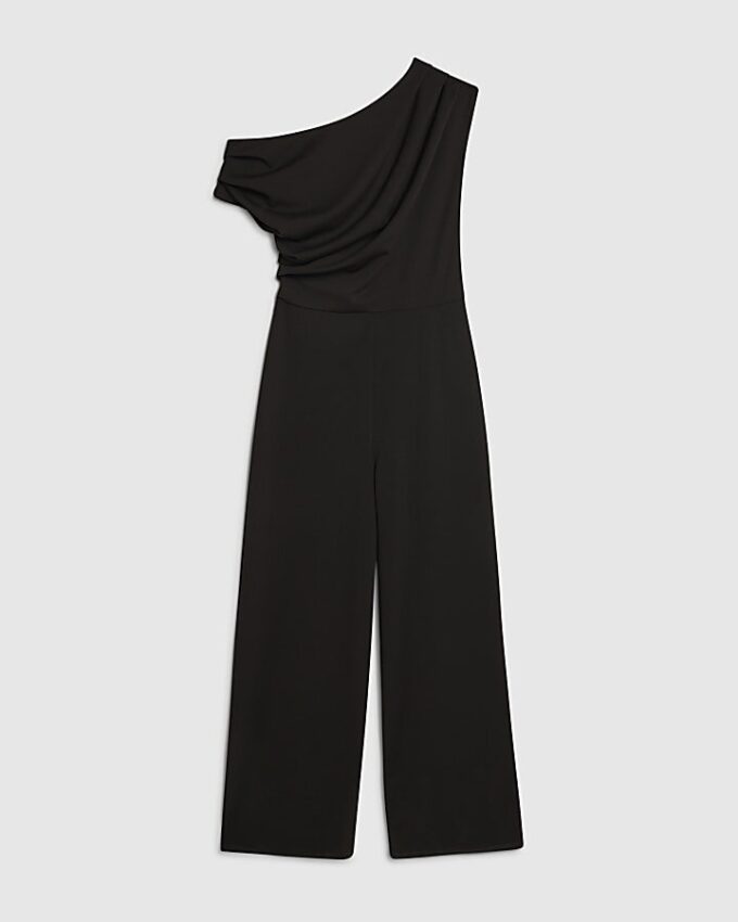 Svart ärmlös asymmetrisk draperad jumpsuit