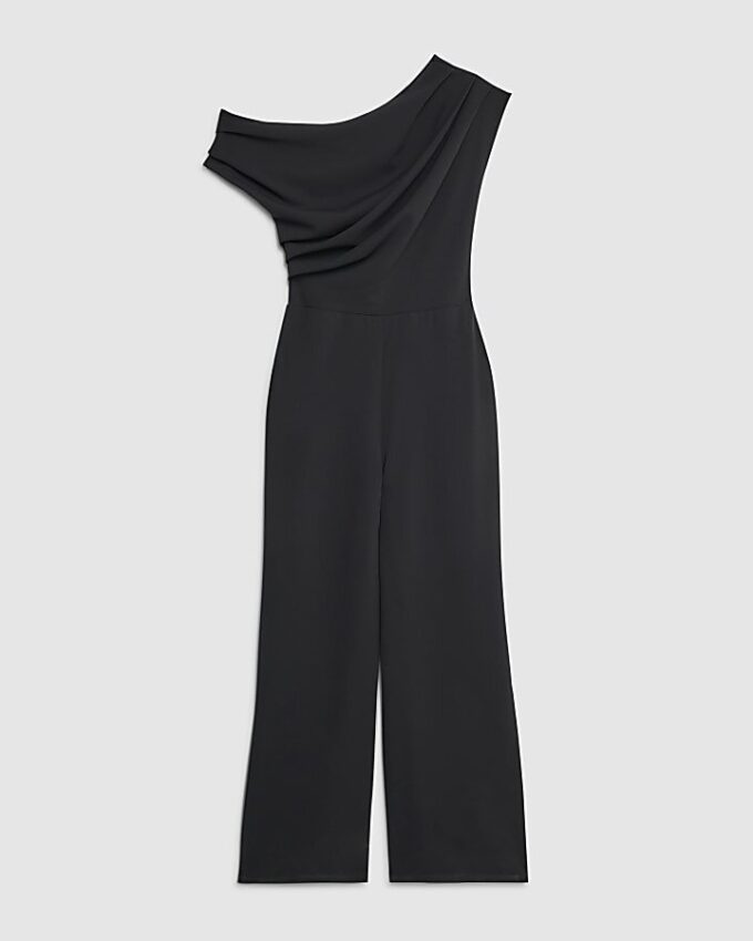 Svart ärmlös asymmetrisk draperad jumpsuit