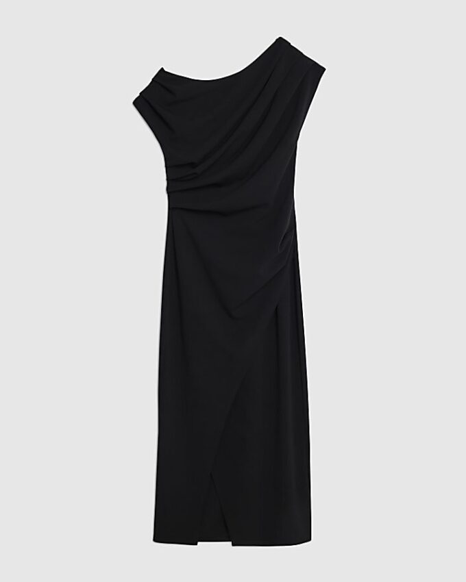 Svart ärmlös draperad midiklänning