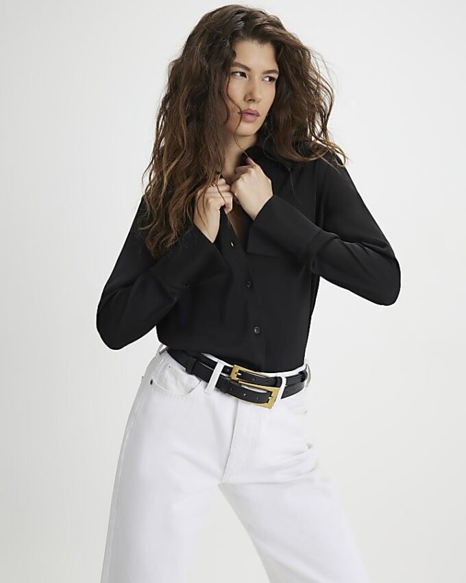 Svart satin långärmad slim fit-skjorta