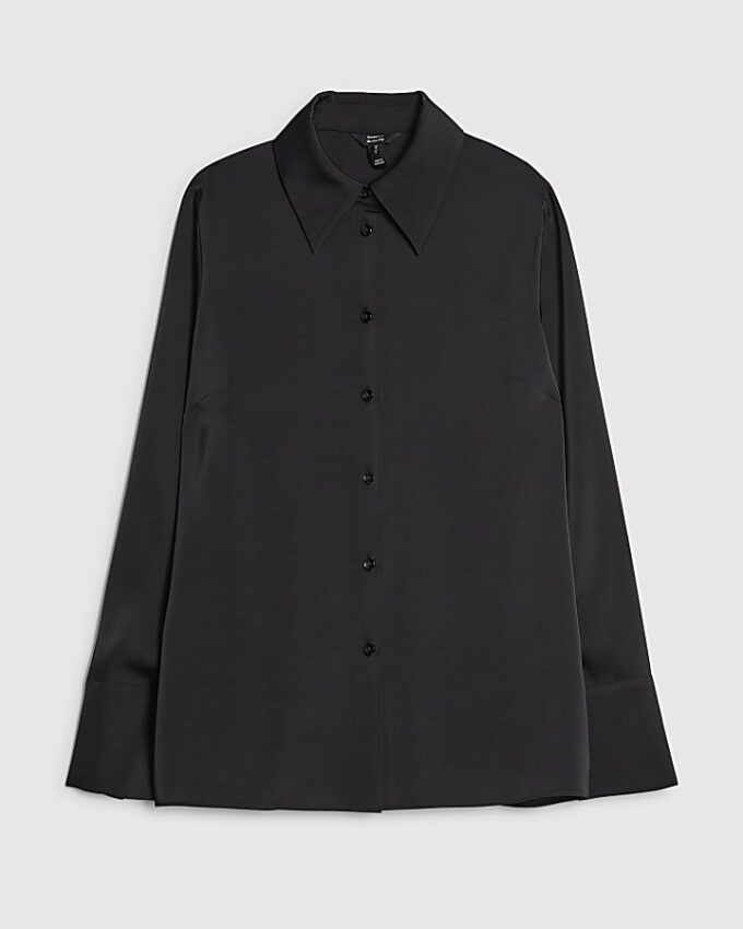 Svart satin långärmad slim fit-skjorta
