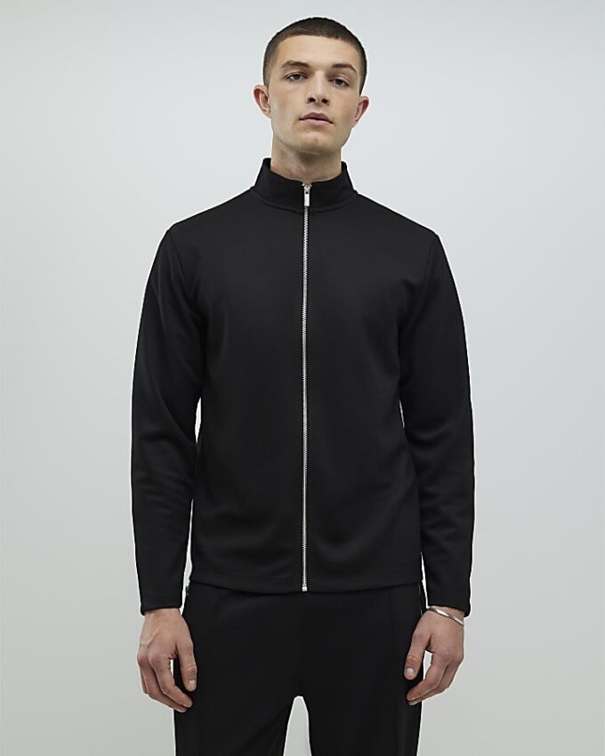 Svart slim fit-jacka i piké med trattkrage