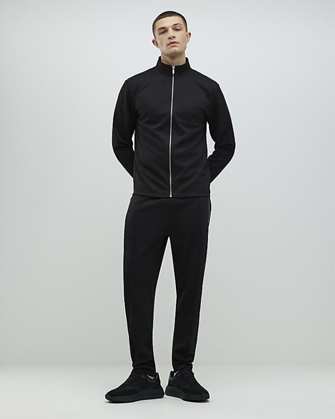 Svart slim fit-jacka i piké med trattkrage