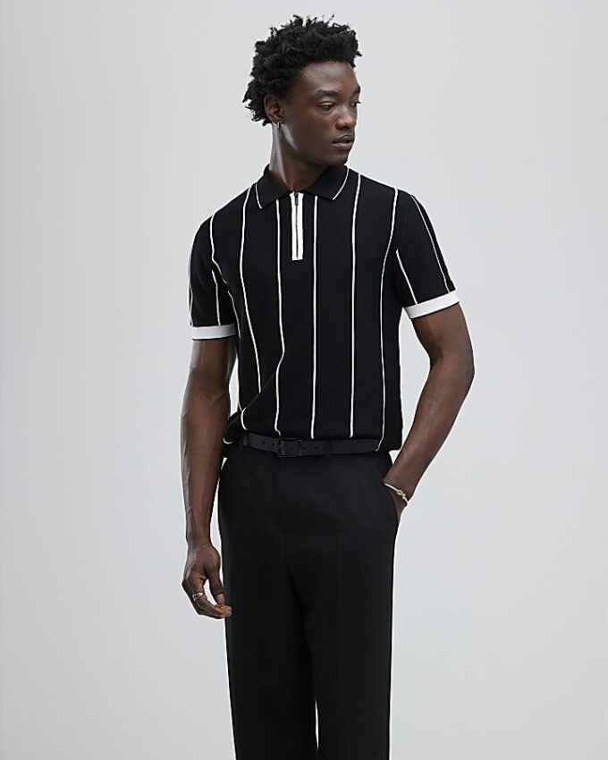 Svart slim fit-polotröja med nålstreck
