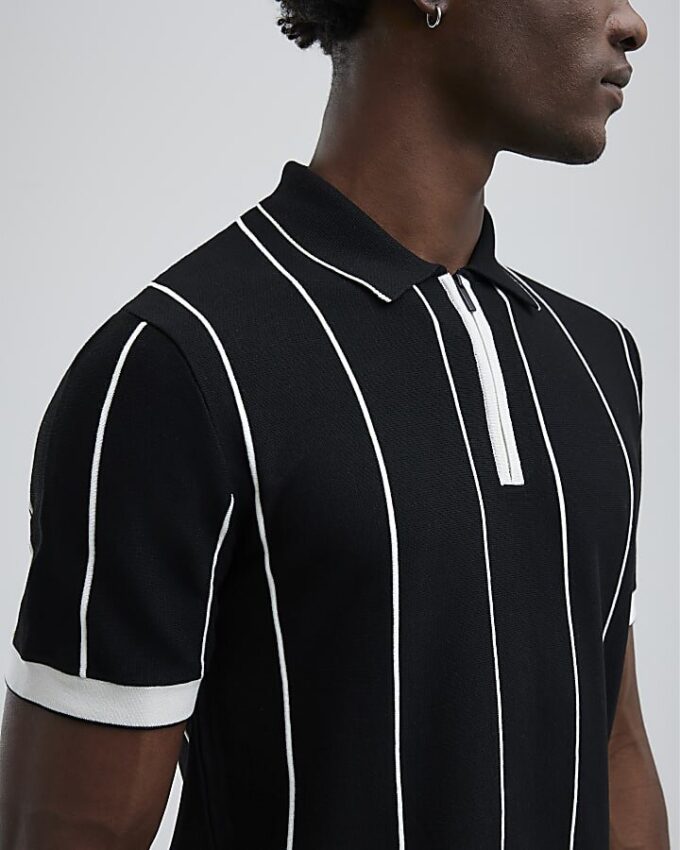 Svart slim fit-polotröja med nålstreck