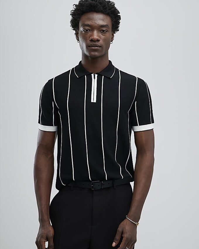 Svart slim fit-polotröja med nålstreck