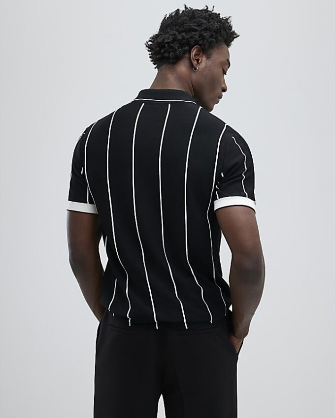Svart slim fit-polotröja med nålstreck