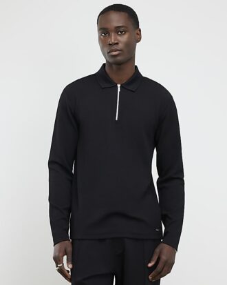 Svart slim fit-polotröja med struktur
